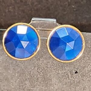 ✨ Vintage Cobalt Blue Faceted Glass Studs - Gold Tone